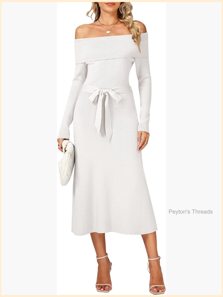 Off The Shoulder Long Sleeve Ribbed Knit Bodycon Maxi Dress